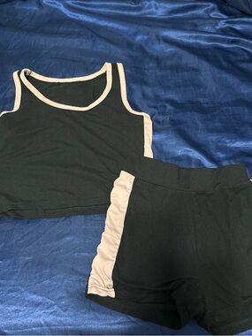 Black Tank and Shorts Set with Beige Trim